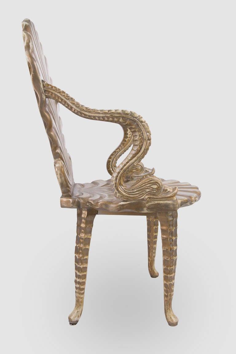 Mid-20th Century Set of Six Carved Paint and Parcel Giltwood Grotto Armchairs with Dolphin Arms