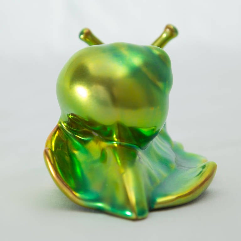 Hungarian Green Eosin Glaz, e Zsolnay Pécs Porcelain Figurine of a Snail