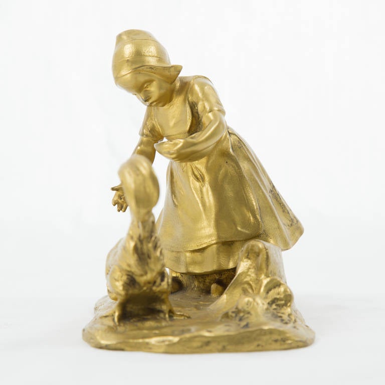 Austrian Viennese Gruber Gilt Bronze Figurine of a Girl Feeding a Rooster, 19th Century