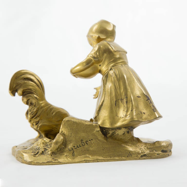 Viennese Gruber Gilt Bronze Figurine of a Girl Feeding a Rooster, 19th Century In Excellent Condition In Montreal, QC