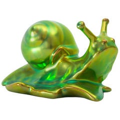 Vintage Green Eosin Glaz, e Zsolnay Pécs Porcelain Figurine of a Snail