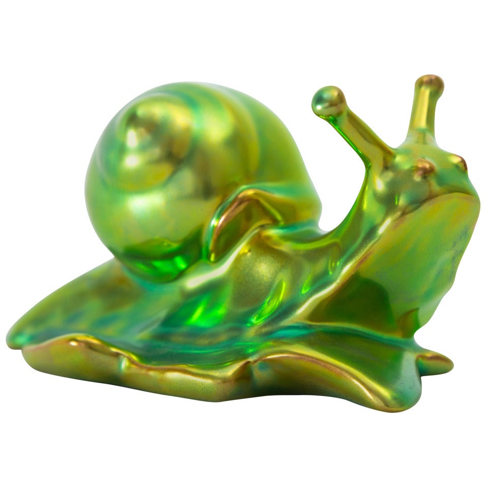 Green Eosin Glaz, e Zsolnay Pécs Porcelain Figurine of a Snail