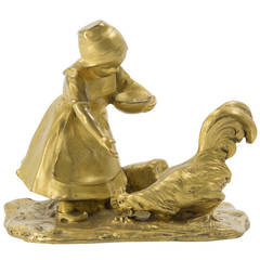 Antique Viennese Gruber Gilt Bronze Figurine of a Girl Feeding a Rooster, 19th Century