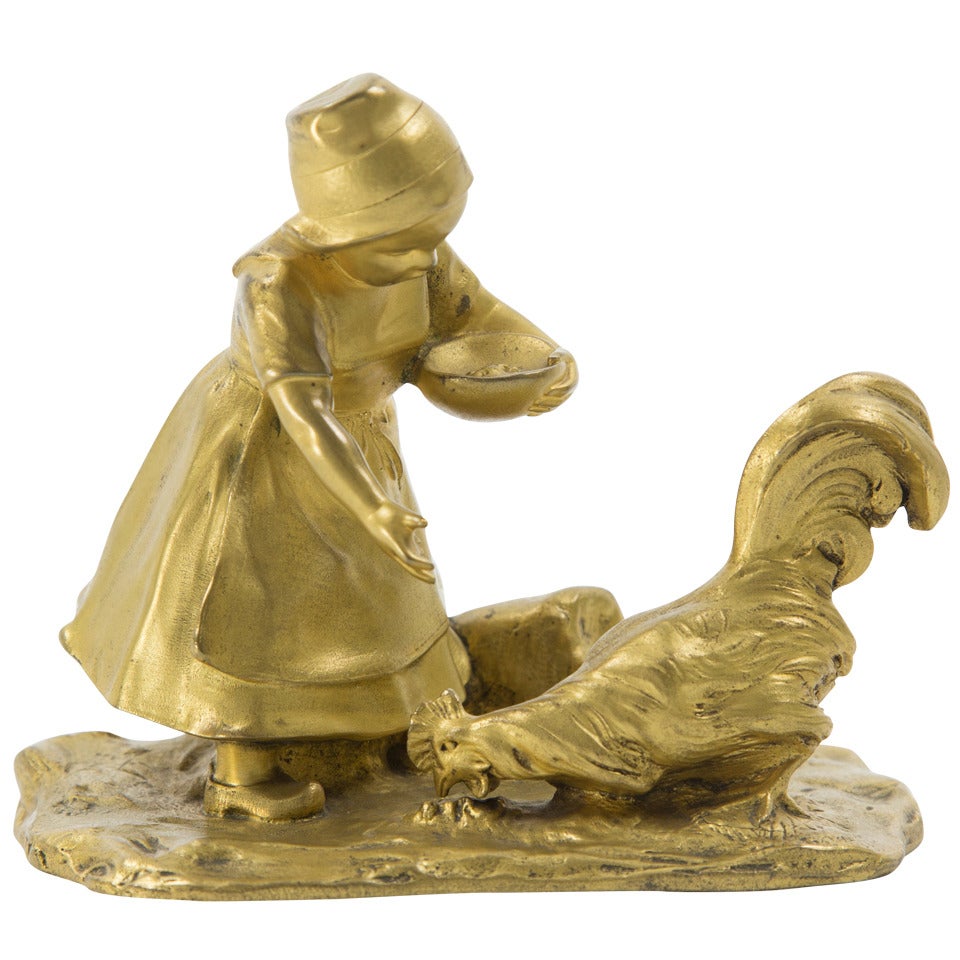 Viennese Gruber Gilt Bronze Figurine of a Girl Feeding a Rooster, 19th Century