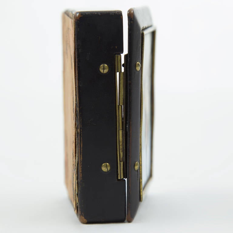 Early Victorian Antique Snuff Trinket Box Ebonized Wood Porcelain Miniature Portrait Estate Find