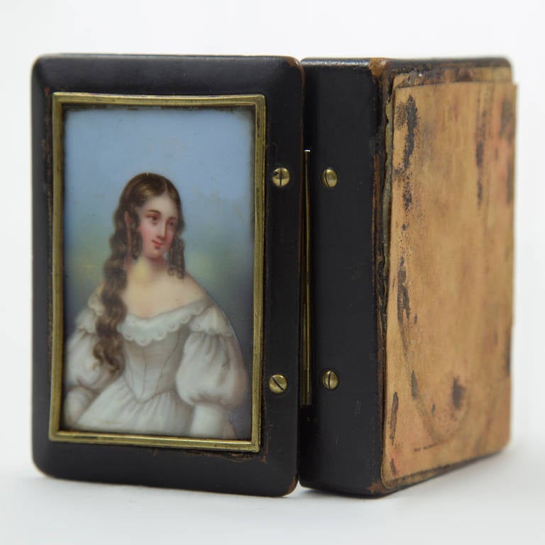 English Antique Snuff Trinket Box Ebonized Wood Porcelain Miniature Portrait Estate Find For Sale