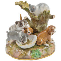 Antique Meissen German Porcelain Cat and Dogs Figurine Grouping