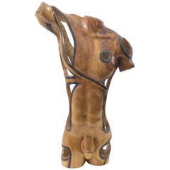 Male Nude Torso Carved Wood Sculpture, Mid-Century Modern
