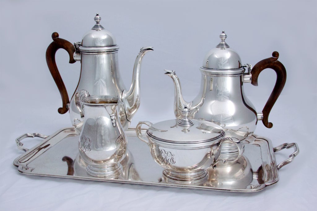 Gorham Sterling Silver 4 Piece Coffee & Tea Set with complimentary Crichton Bros. Tray 
Exceptional 4 piece Coffee & Tea set by Gorham with complimentary Tray by Crichton Bros. London & New York is a must for the serious collector of fine silver