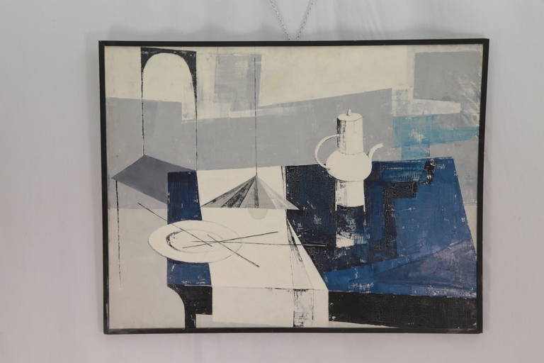 Oil on canvas, titled: A la Cafitiere Blanche, by French Canadian artist Michele Bastin; approx size: 116cm x 89cm; titled and dated on the back: A la Cafitiere Blanche 1962. Bastin’s style is subtle: The strength is in the soft subdued colors, in