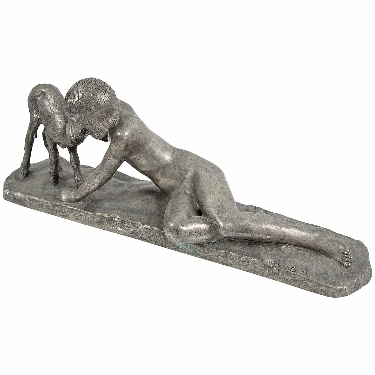 Ary Bitter Bronze Group Depicting a Nymph Cuddling a Fawn, circa 1930s