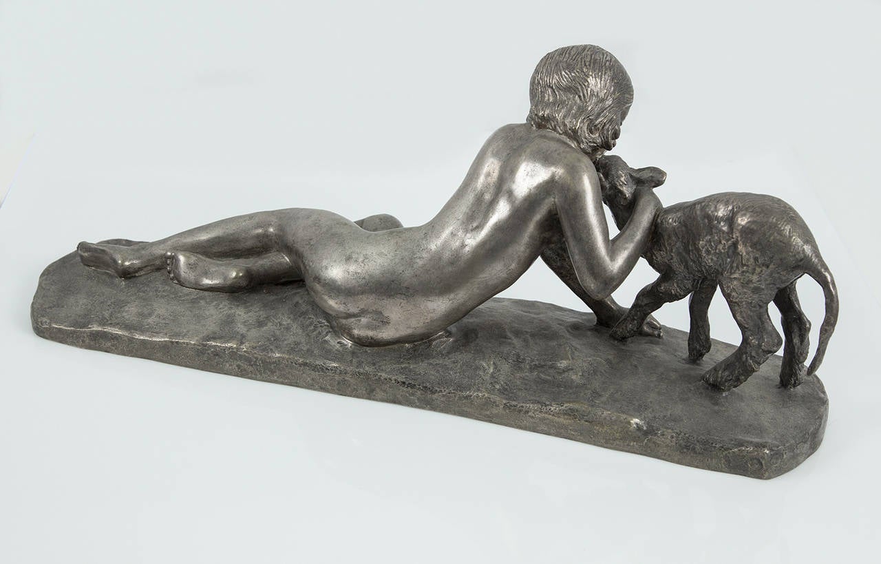 French Ary Bitter Bronze Group Depicting a Nymph Cuddling a Fawn, circa 1930s