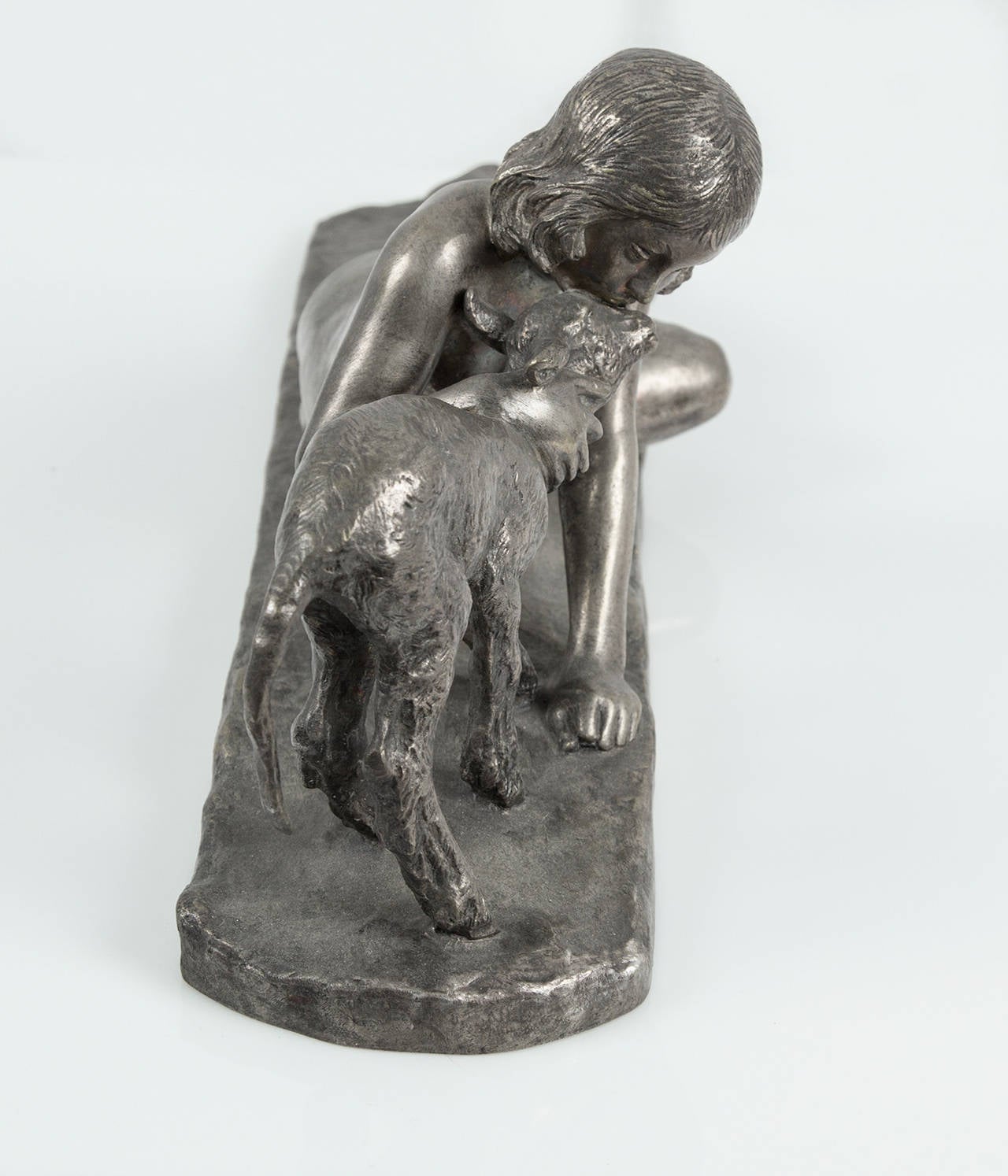 Mid-20th Century Ary Bitter Bronze Group Depicting a Nymph Cuddling a Fawn, circa 1930s