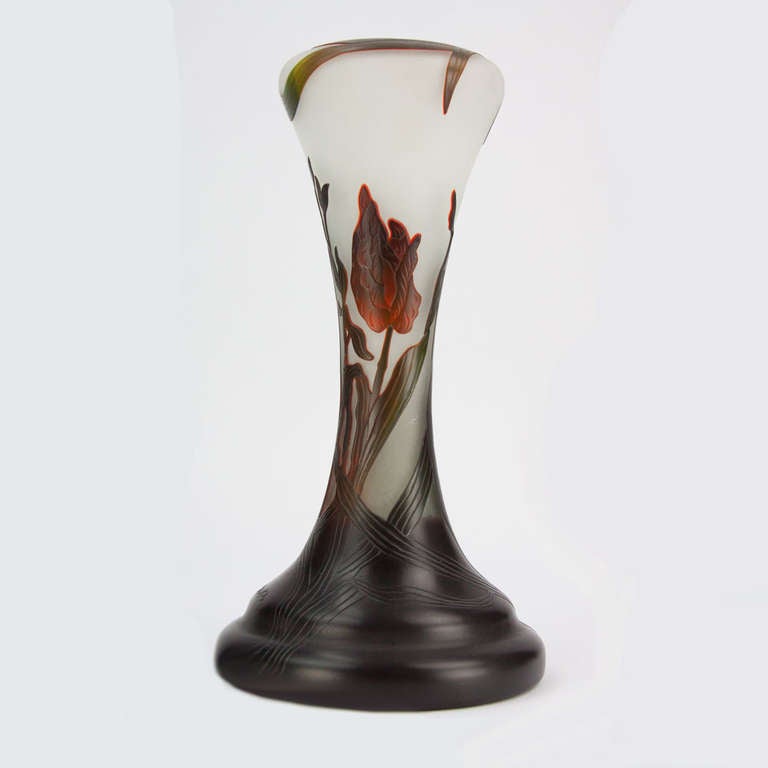 Art Nouveau style  cameo glass vase, overlay and etched glass, red, green to dark green on frosted ground, adorned with floral, leaf and vine decoration; raised signature NIEN; highly collectible!
