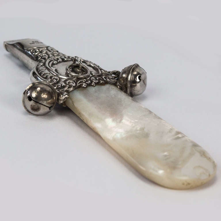 antique sterling silver baby rattle and whistle