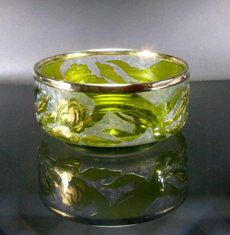 Simply beautiful and unique signed Baccarat bowl, decorated with hand-painted gold flowers, large green leaves and small clear acid etched leaves; applied gilt metal border; signed with acid etched mark: Baccarat; note the gold fly located on the