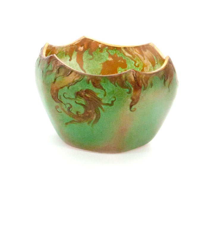 A rare and wonderful Vintage Art Nouveau hexagon glass petit cache pot; green with applied, in relief bronze-color fiery dragons. The Dynamic, undulating lines characterize the essence of the Art Nouveau style. Signed & numbered: K1231. Top