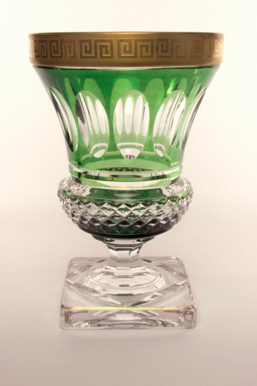 Art Deco Val St. Lambert Grecian Key Footed Crystal Vase Estate Find (Vergoldet)