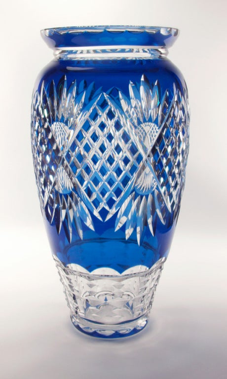 Beautiful and impressive signed Val St. Lambert crystal vase, blue, hand-cut-to-clear, the glass is thick, deeply and evenly cut, without a single bobble or a glass flow inside the glass walls; signed on bottom: Val St. Lambert; approximate size: