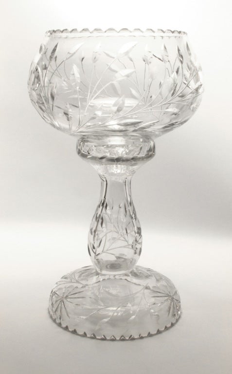 Simply Fabulous and Impressive! Vintage late 19th century American Cut Crystal centerpiece bowl on reversible pedestal Stand, decorated with lush foliage and flowers. The full height is 17' x 9.5