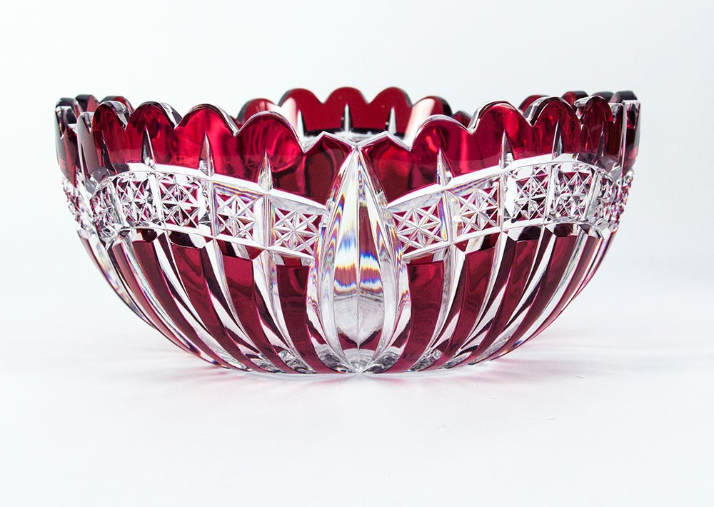 Beautiful signed Val St. Lambert Circular Crystal Bowl, Ruby, hand-cut-to-clear, the glass is thick, deeply and evenly cut, without a single bobble or a glass flow inside the glass walls; signed on bottom: Val St.Lambert; circa: 1950s; origin: