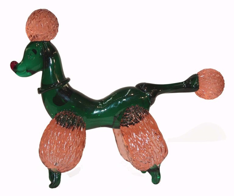 Mid-Century Murano blown glass poodle with green and peach tone body accented by red nose. Vestiges of original label.