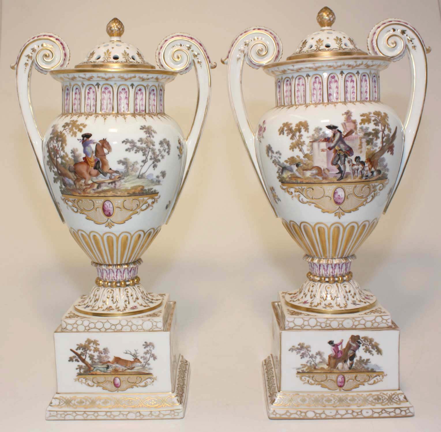 Pair of Dresden Potpourri Urns on Pedestals