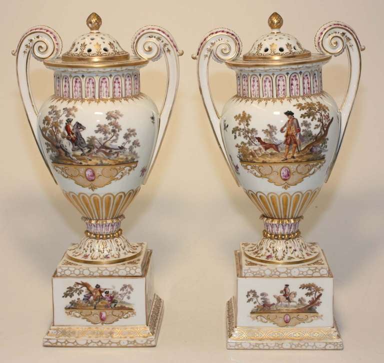 German Pair of Dresden Potpourri Urns on Pedestals
