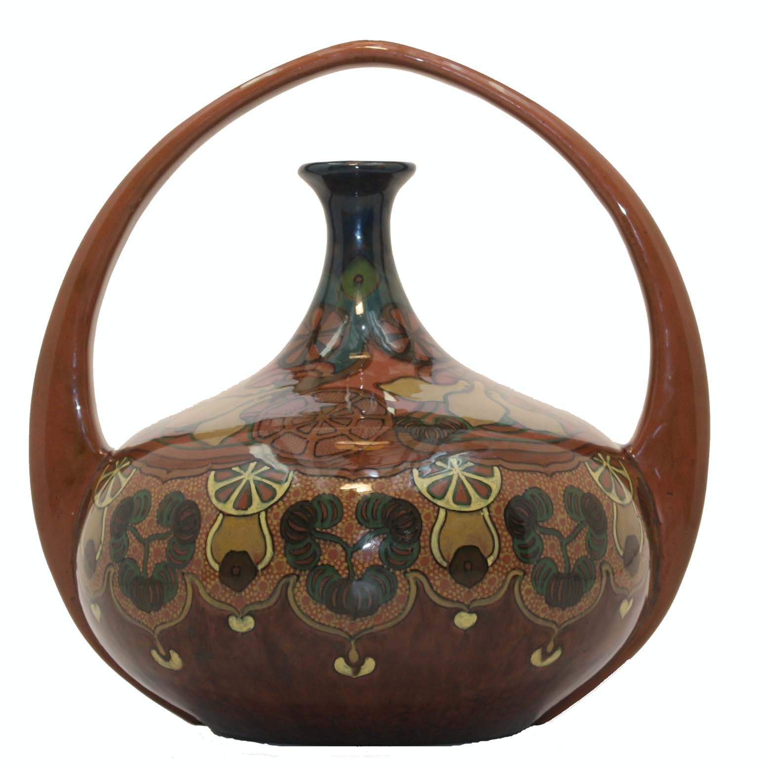 Rozenburg Art Nouveau Basket Handled Earthenware Vase