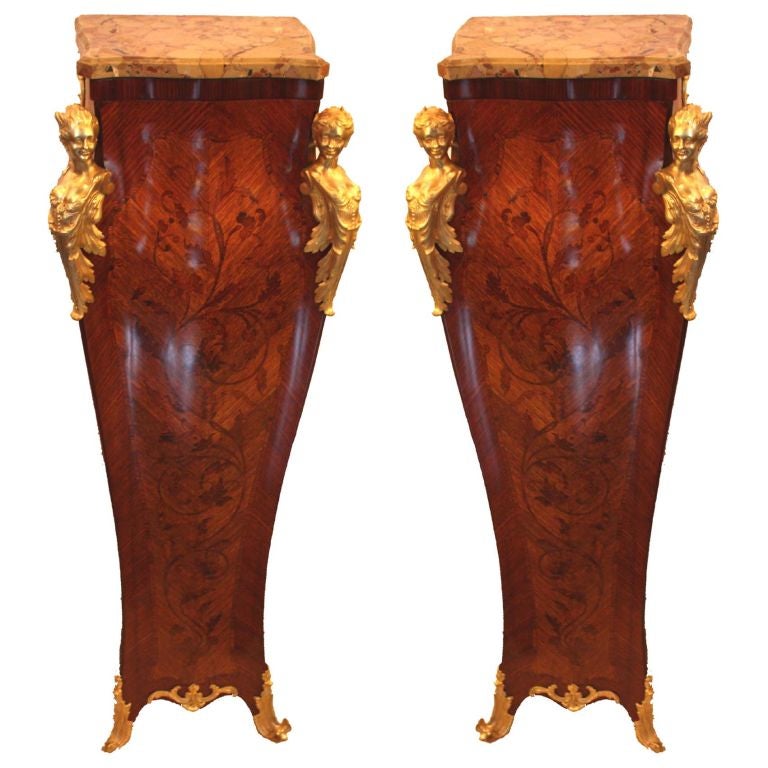 Pair of Louis XV Style Kingwood and Marquetry Pedestals