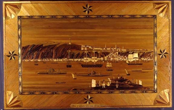 Pair of panels composed of straw-work marquetry showing views of Quebec city, one from across the St Lawrence River, the other looking down from the Citadel; inspired by lithographic prints (circa 1830s) by W.H. Bartlett. Overall dimensions