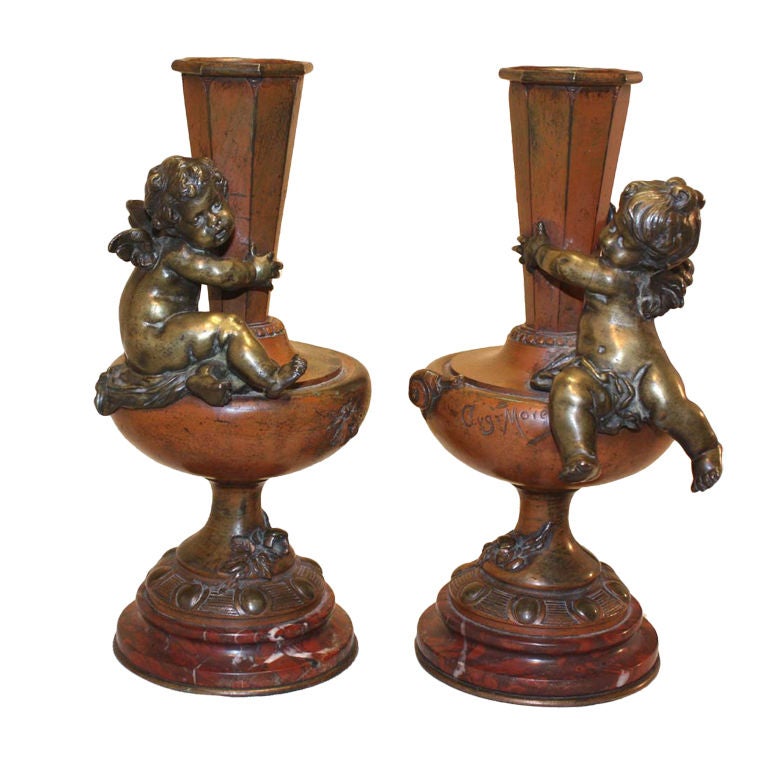 Pair of Bronze Vases by Auguste Moreau For Sale
