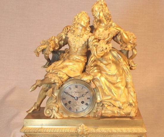 French Louis XV Style Gilt Bronze  Figural Mantel Clock