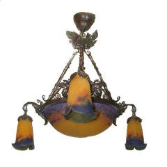 Vintage Art Deco Wrought and Art Glass Chandelier by Muller Frères