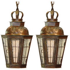 Pair of Arts & Crafts Hammered  Copper and Pebble Glass Lanterns