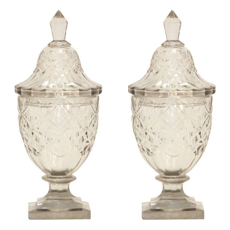 Pair of Anglo-Irish Cut-Glass Covered Sweetmeats