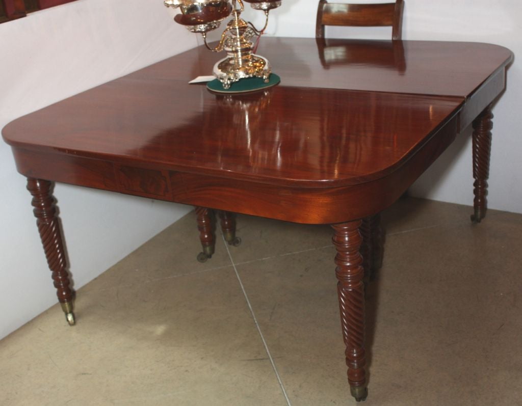 Regency solid mahogany telescopic extending dining table, comprising two D-end sections on conforming frieze over ring turned and spirally fluted tapered legs on brass caps and casters, forming a rectangular table 52