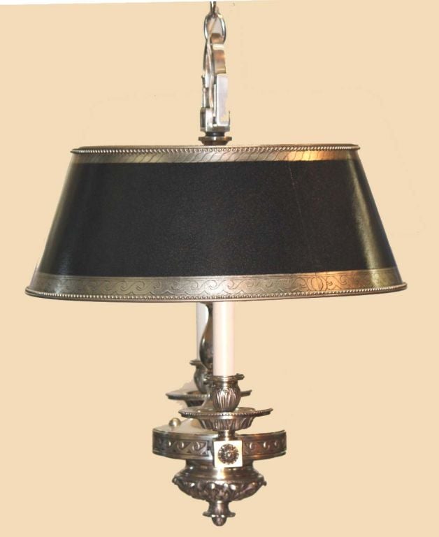  Neo-Classical style silvered bronze hanging 2-lite bouillotte lamp, fitted with custom parchment shades; recently rewired. 