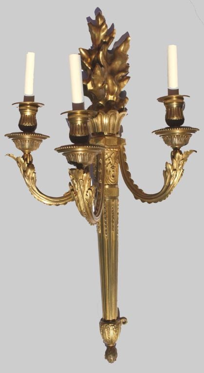 Set of four large Louis XVI gilt bronze wall sconces modelled as torches issuing three acanthus applied candle branches fitted for electricity (recently rewired) and surmounted with sculpted flambeau.