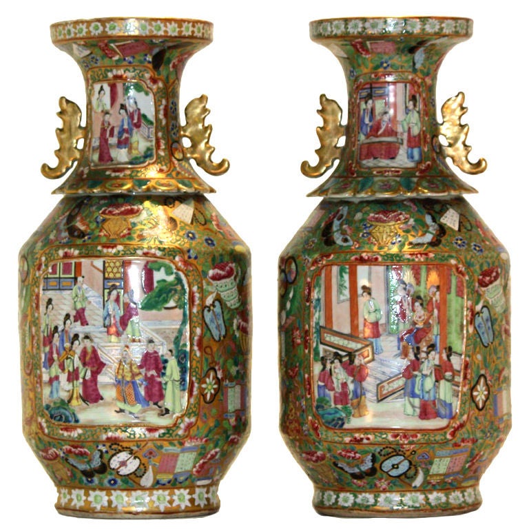 Pair of Rose Medallion Porcelain Urns