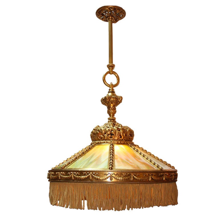 American Gilt Bronze and Slag Glass Hanging Fixture. For Sale