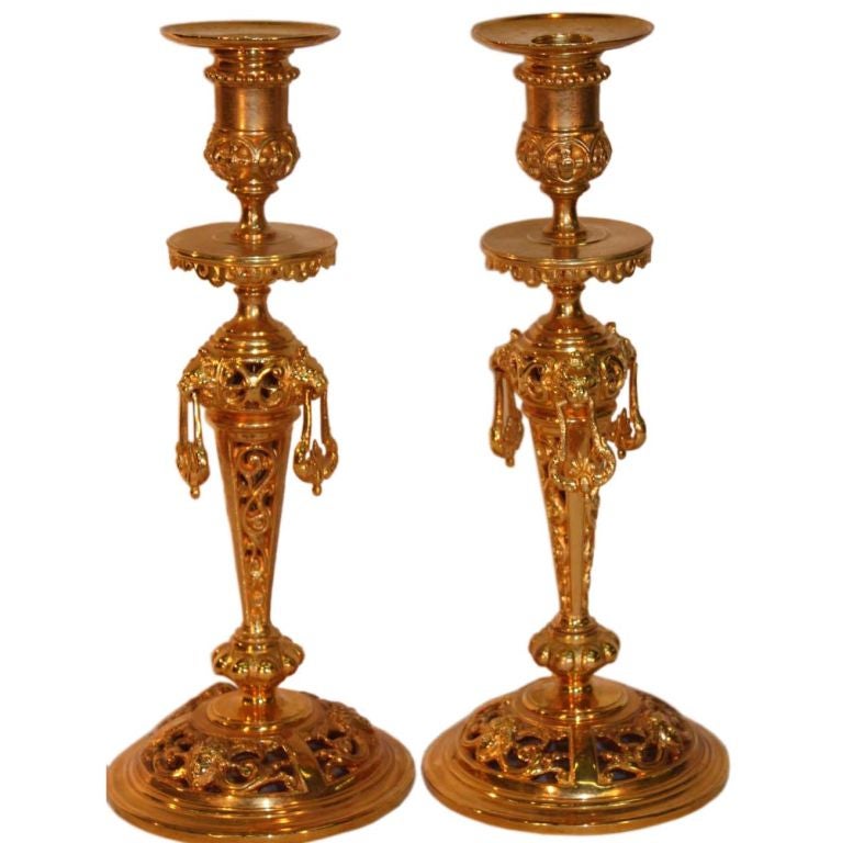 Pair of French Renaissance Revival Gilt Brass Candlesticks For Sale