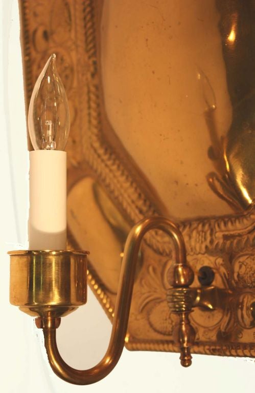 Scandinavian Pair of Octagonal Embossed Brass Reflectors For Sale