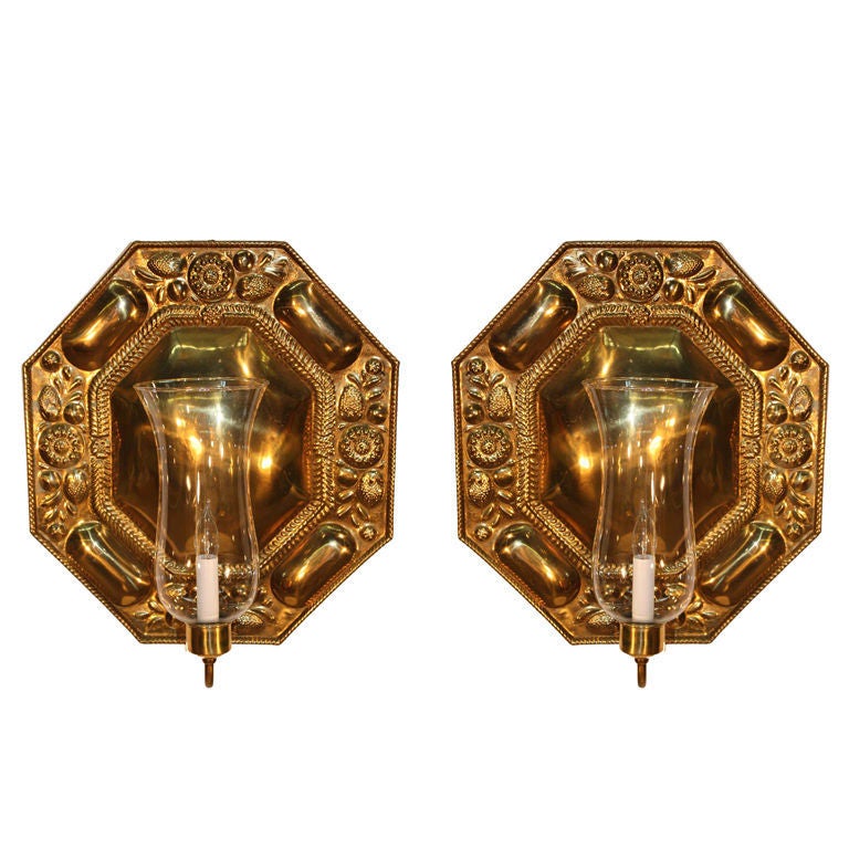 Pair of Octagonal Embossed Brass Reflectors For Sale