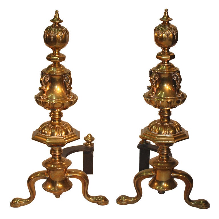 Pair of Renaissance Revival Brass Andirons