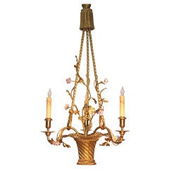 Louis XVI Style  Basket Form Brass and Porcelain Chandelier