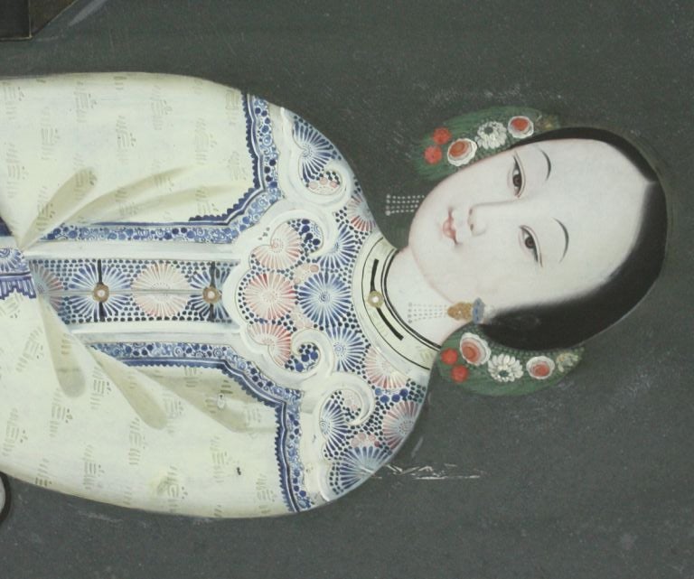 Portrait of a young Chinese woman in embroidered dress gazing out the window and holding a fan; painted in reverse on glass.
