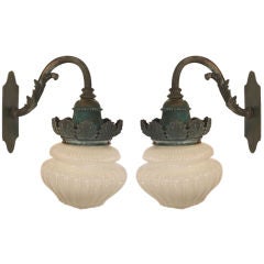 Antique Pair of  Neoclasssical Style Verdigris Bronze and Glass Sconces
