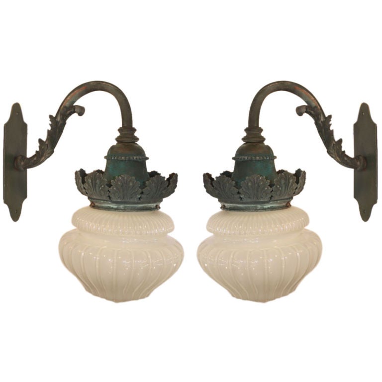 Pair of  Neoclasssical Style Verdigris Bronze and Glass Sconces