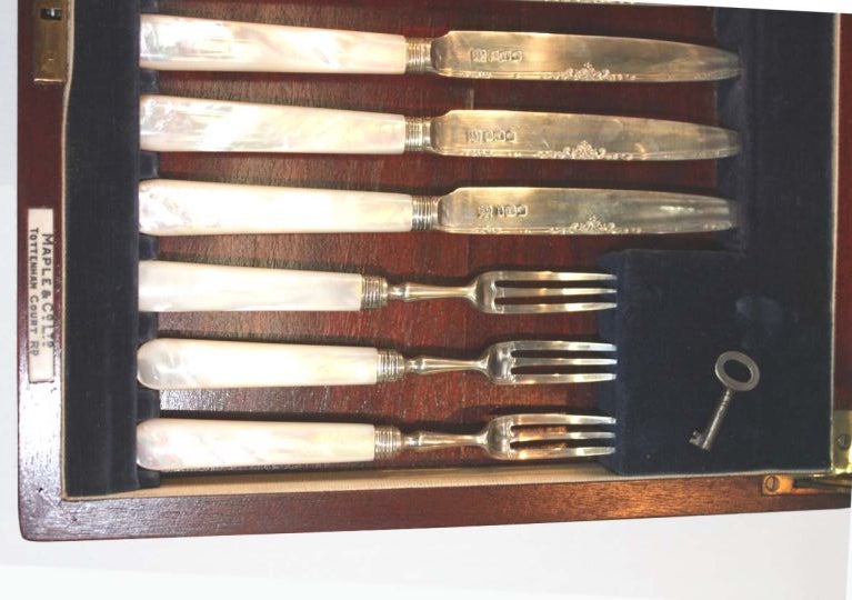 20th Century Set of Twelve Silver & Mother of Pearl Dessert Knives and Forks